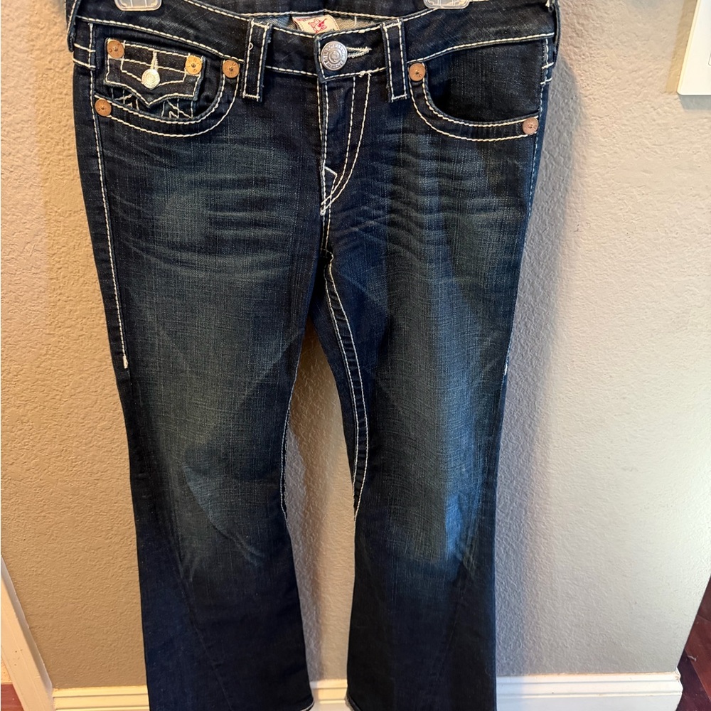 True Religion Joey Big T 30 low rise bootcut Y2K thick stitch, dark denim flare